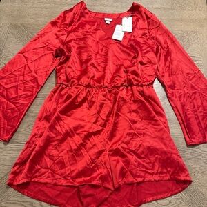 A New Day Red Satin Romper Long Sleeve w/Pockets Women's Size L